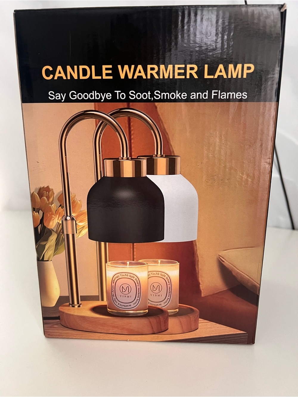 Dual-Head Candle Warmer Lamp in Black & White with Gold Accents